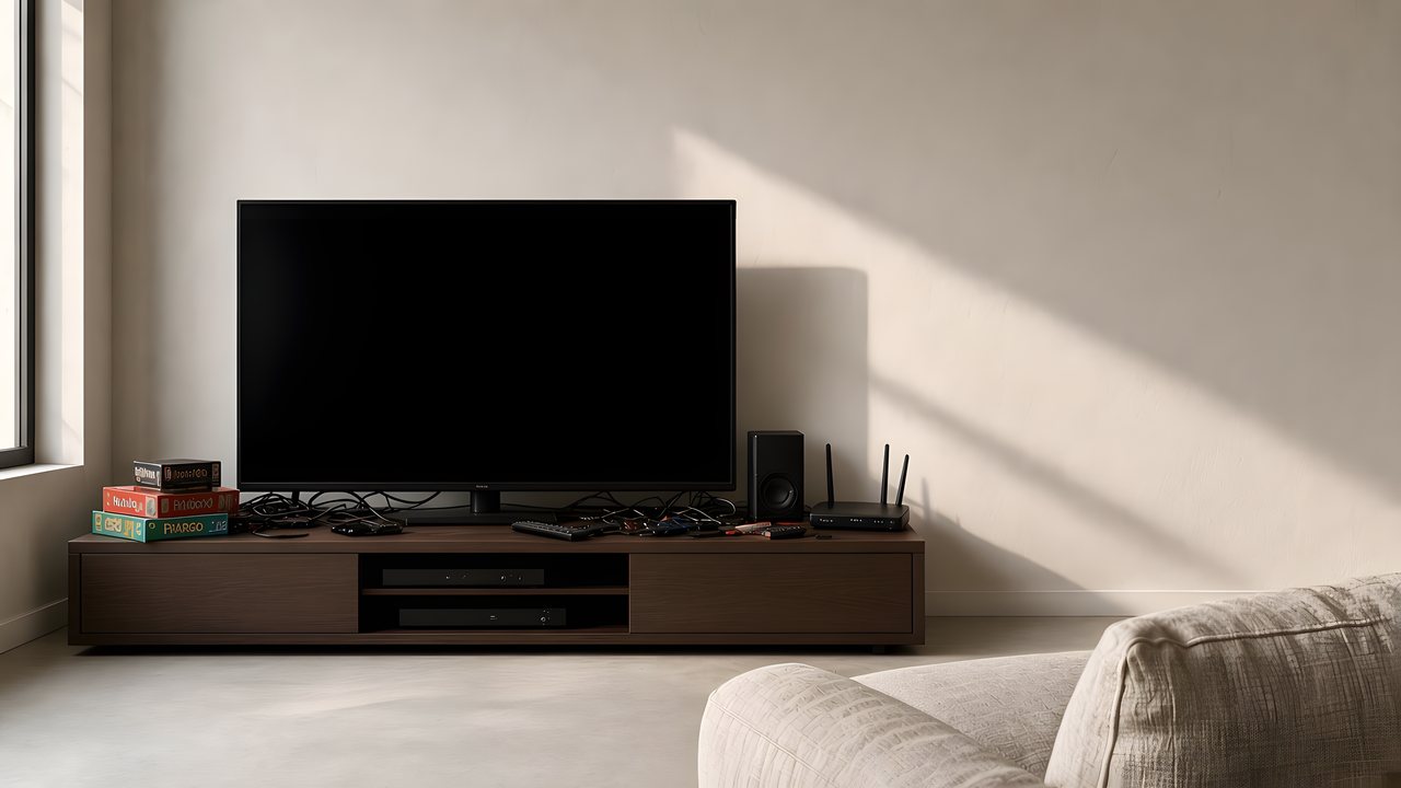 TV on a cluttered stand